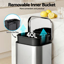 Cefito Kitchen Trash Can 40L Pedal Bins Rubbish Bin Steel with Soft Close Lid, Removable Inner Bucket, Rectangular Garbage Can Recycling Bin, Silver