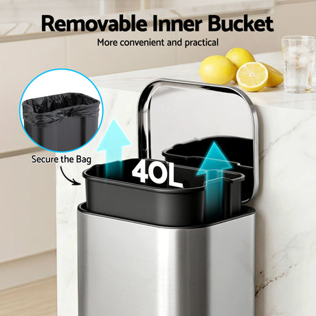 Cefito Kitchen Trash Can 40L Pedal Bins Rubbish Bin Steel with Soft Close Lid, Removable Inner Bucket, Rectangular Garbage Can Recycling Bin, Silver