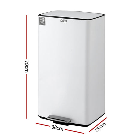 Cefito Pedal Bins Rubbish Bin Waste Recycle Dustbins Kitchen Trash Can 40L White