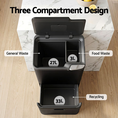 Cefito 63L Rubbish Bin 3 Compartment Carbon Steel Split Door Trash Can Black