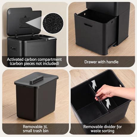 Cefito 63L Rubbish Bin 3 Compartment Carbon Steel Split Door Trash Can Black