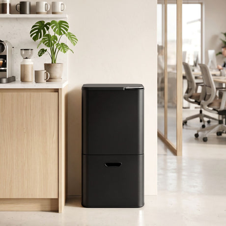 Cefito 63L Rubbish Bin 3 Compartment Carbon Steel Split Door Trash Can Black