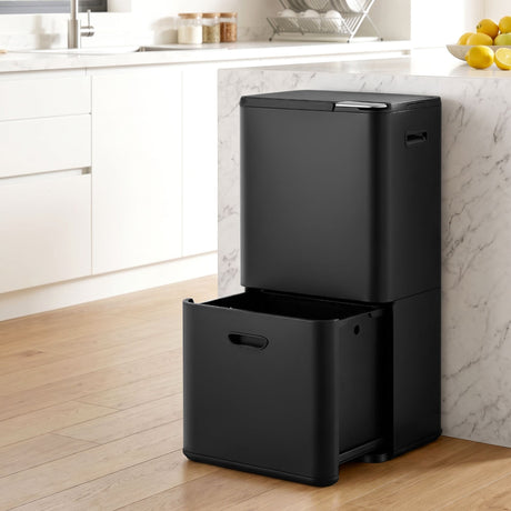 Cefito 63L Rubbish Bin 3 Compartment Carbon Steel Split Door Trash Can Black