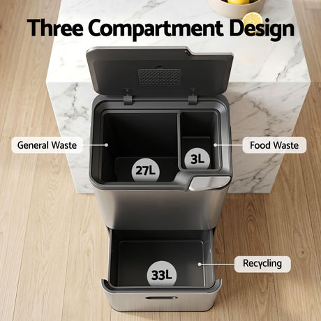 Cefito 63L Rubbish Bin 3 Compartment Stainless Steel Split Door Trash Can Silver