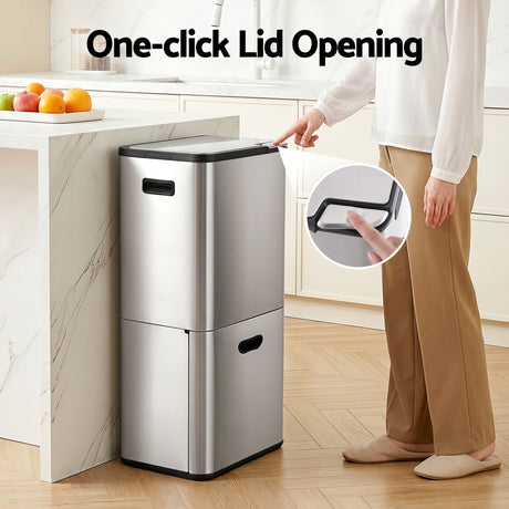 Cefito 63L Rubbish Bin 3 Compartment Stainless Steel Split Door Trash Can Silver
