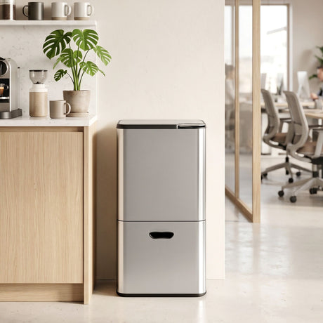 Cefito 63L Rubbish Bin 3 Compartment Stainless Steel Split Door Trash Can Silver