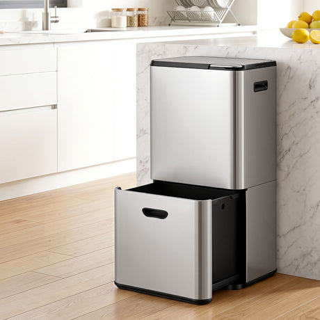 Cefito 63L Rubbish Bin 3 Compartment Stainless Steel Split Door Trash Can Silver
