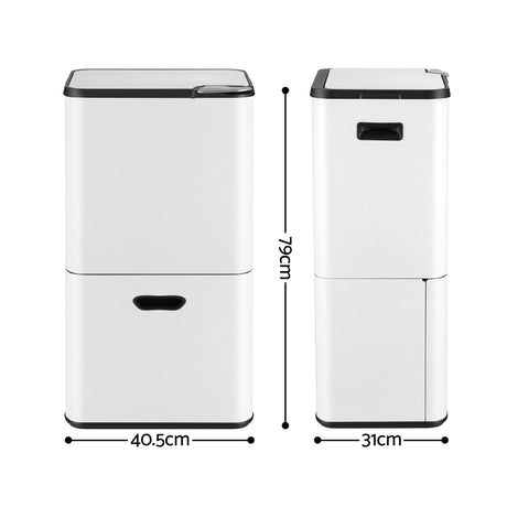 Cefito 63L Rubbish Bin 3 Compartment Carbon Steel Split Door Trash Can White