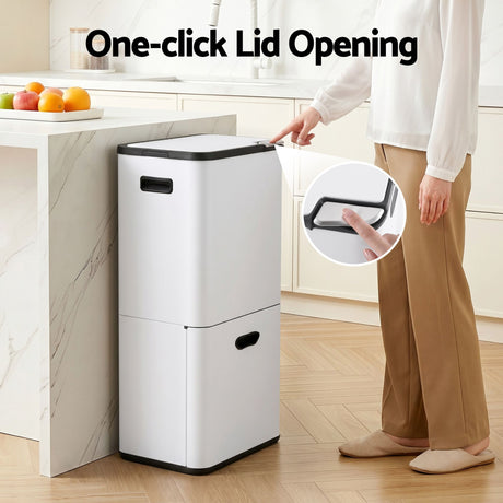 Cefito 63L Rubbish Bin 3 Compartment Carbon Steel Split Door Trash Can White