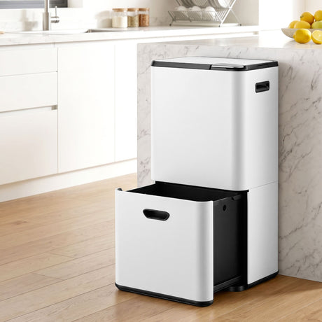 Cefito 63L Rubbish Bin 3 Compartment Carbon Steel Split Door Trash Can White