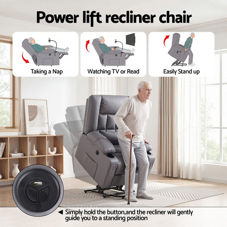 Artiss Power Lift Recliner Chair with Massage and Heat for Elderly, Electric Sofa Reclining Chair with USB and Phone Holder, PU Leather Comfy Armchair for Living Room, 2 Cup Holder & 4 Pockets, Grey