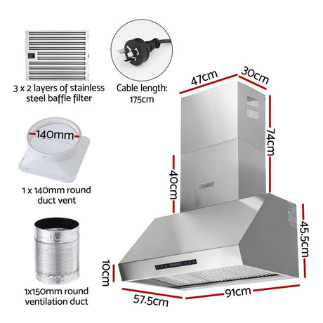 Devanti 900mm Range Hood 3-Speed Fan LED Display Remote Control