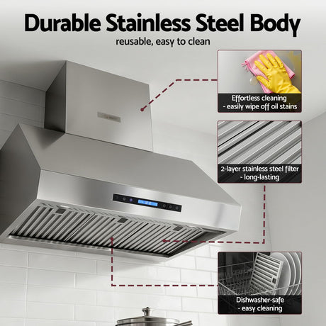 Devanti 900mm Range Hood 3-Speed Fan LED Display Remote Control
