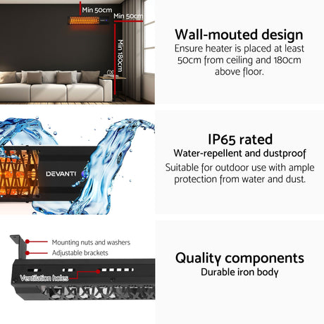 Devanti 2PCS Electric Strip Heater Radiant Infrared Heaters 2000W