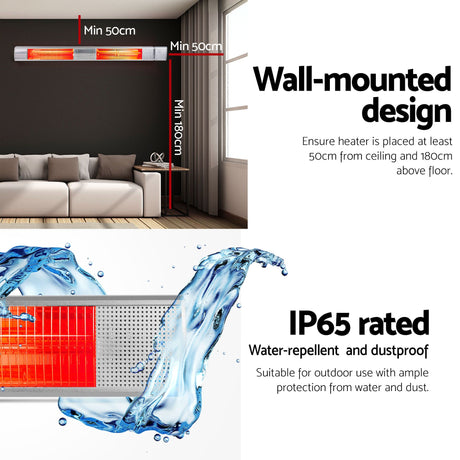 Devanti 2PCS Electric Strip Heater Radiant Infrared Heaters Remote Control 3000W