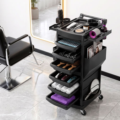 Embellir Salon Trolley 2 Lockable Doors 6 Tier Trays Mobile Hair Cart Black