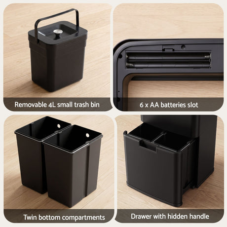 Devanti 72L Sensor Bin Rubbish Bins 4-in-1 Compartment Stainless Steel Trash Can Black