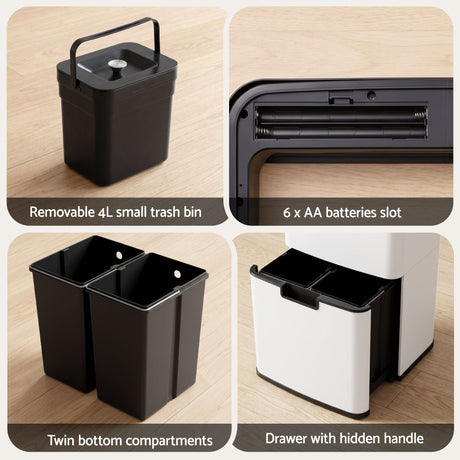 Devanti 72L Sensor Bin Rubbish Bins 4-in-1 Compartment Stainless Steel Trash Can White