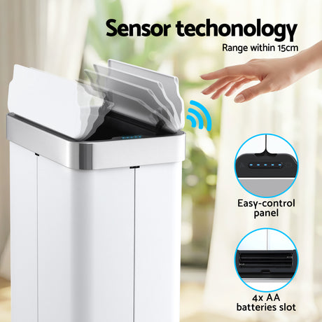 Devanti Rubbish Bin 70L Automatic Sensor Kitchen Bin, Slim Smart Garbage Can Touchless Rectangular with Liner Holder, Fully Closed Lid for Bedroom, Bathroom, Living Room, White