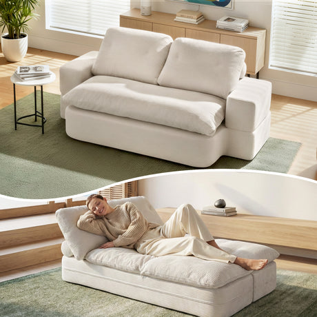 Artiss Convertible Folding Sofa Bed 30D High-Density Foam Boneless Couch with Corduroy Sleeper Couch Lounger for Living Room Beign