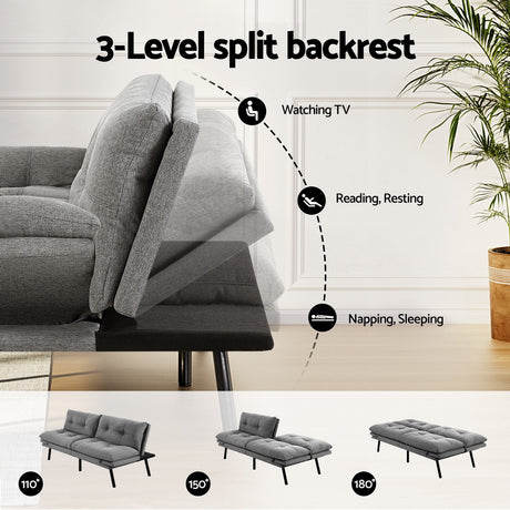 Artiss Sofa Bed Convertible 3 Seater Couch Recliner Lounge Chair Fabric Grey