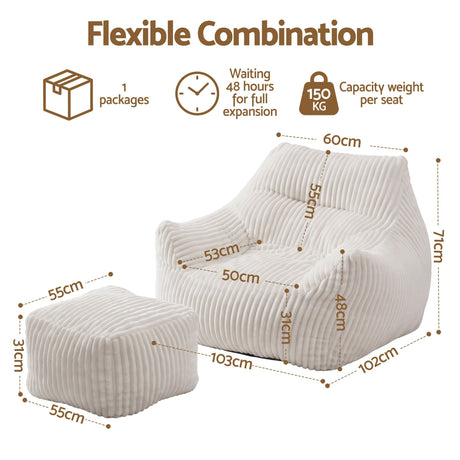 Artiss Bean Bag Sofa w/Ottoman Corduroy for Adults Teens White