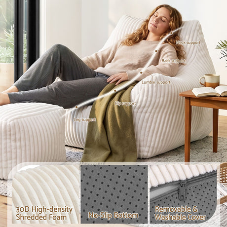 Artiss Bean Bag Sofa w/Ottoman Corduroy for Adults Teens White