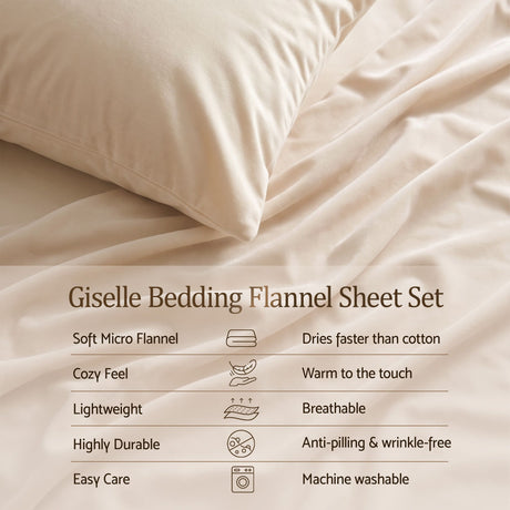 Giselle Double Sheet Set 150 GSM Anti-pilling Micro Flannel, Fast Drying Lightweight 4 Piece, 40CM Deep Pocket Fits Thick Mattress, Cream White