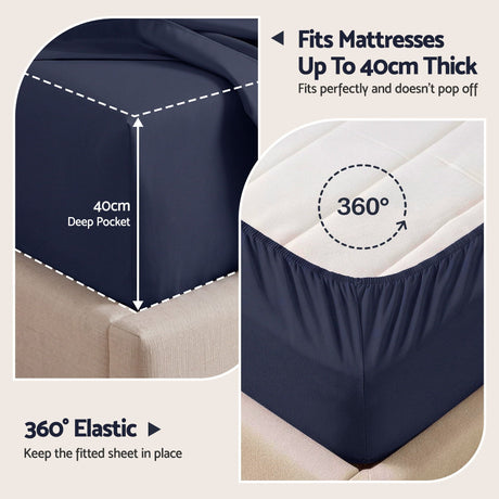 Giselle Double 500TC Cotton 4Pcs Sheet Set with 40cm Extra Deep Pocket for Thick Mattresses Sateen Weave for Sweaty Nights Navy Blue
