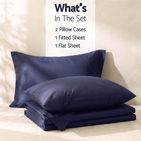 Giselle Queen 500TC Cotton 4Pcs Sheet Set with 40cm Extra Deep Pocket for Thick Mattresses Sateen Weave for Sweaty Nights Navy Blue