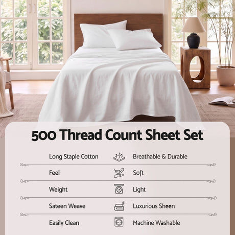 Giselle Kingsingle 500TC Cotton 4Pcs Sheet Set with 40cm Extra Deep Pocket for Thick Mattresses Sateen Weave for Sweaty Nights White