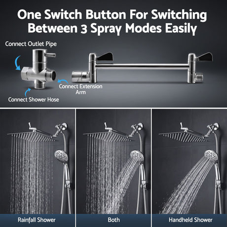 Cefito High-Pressure Rain Shower Head with Handheld, Gear-Lock Anti-Sag Arm for Family Spa, 12