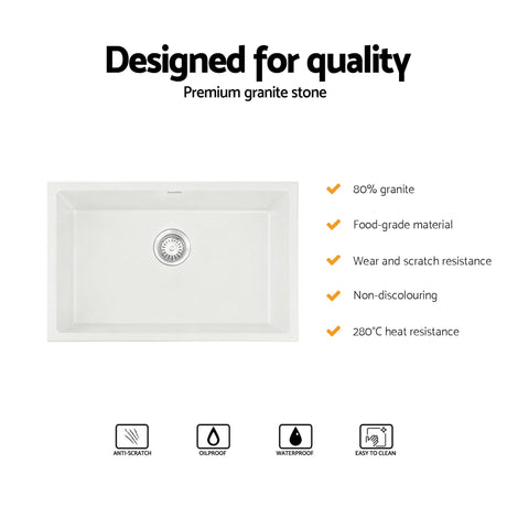 Cefito Kitchen Sink 70x45cm Granite Stone Sink Single Bowl White