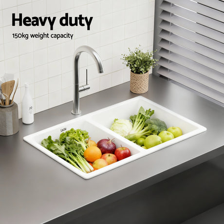 Cefito Kitchen Sink 77x45cm Granite Stone Sink Double Bowl White
