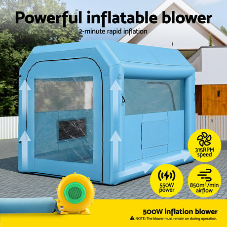 Giantz Inflatable Paint Booth 2.5X2.5X3M Inflatable Spray Booth with 550W Powerful Blower and Air Filter System, Round Roof with Light Hook, for Painting Bicycle, Motorcycle, Furniture Refinishing DIY
