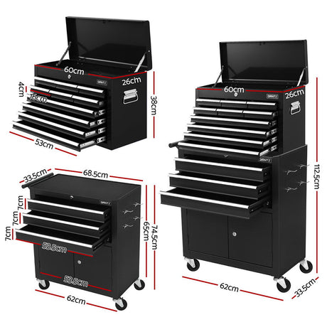 Giantz 13 Drawer Tool Box Cabinet Chest Toolbox Storage Garage Organiser Black