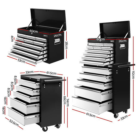 Giantz 15 Drawers Tool Chest Trolley Toolbox 2-in-1 Storage Black& Grey