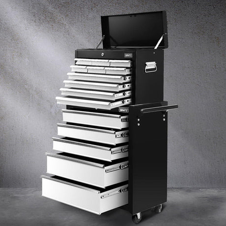 Giantz 15 Drawers Tool Chest Trolley Toolbox 2-in-1 Storage Black& Grey