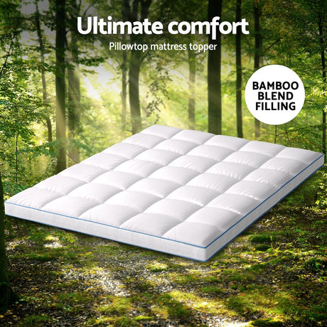Giselle Bedding 1500GSM Bamboo Pillowtop Mattress Topper 10cm Thick Pad for Back Pain Relief, High Loft Cooling Underlay for Dorm & Guest Bed, 45cm Deep Pocket Queen