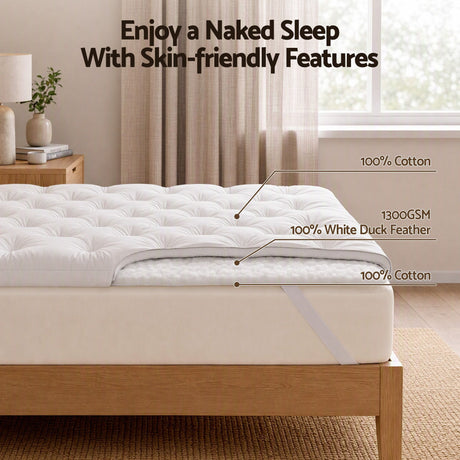 Giselle Queen Pillow Top Mattress Topper 1300GSM White Duck Feather For Old Bed Upgrade 5cm Thick