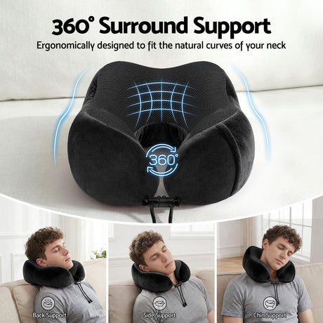 Wanderlite Travel Pillow for Airplanes Memory Foam Neck Pillows for Traveling, Soft & Washable Cover with Storage Bag, Portable Plane Accessories for Airplanes Offices Cars, Black