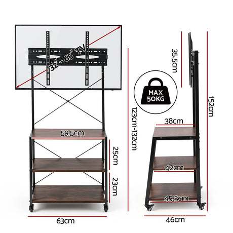 Artiss Mobile TV Stand 32-65 Inch TVs Mount 50kg with 3 MDF Shelves Lockable Wheels Adjustable Feet