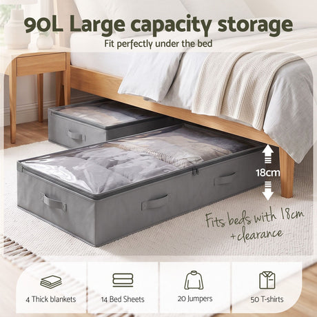 Artiss Under Bed Storage Containers X2 90L Boxes Organiser Clear Top Fabric Grey