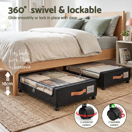 Artiss 2X Under Bed Storage Containers 48L Clothes Organiser Wheels Oxford Black