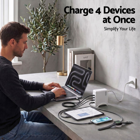 Devanti USB C Charger 100W Fast Charger 4 Port GaN Desktop Station White