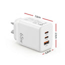 Devanti USB C Charger 65W Fast Charger 3 Port PD Wall Adapter White