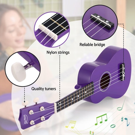 Alpha 21 Inch Ukulele Soprano Beginner Acoustic Small Guitar Kids Strings Purple