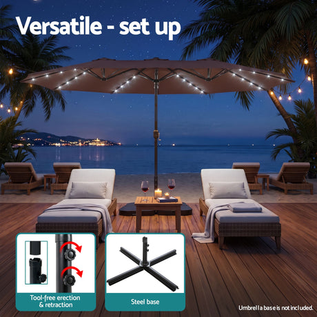 Instahut Outdoor Umbrella 4.57m Solar 48 LED Double-Sided Patio Parasol Brown