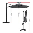Instahut Outdoor Umbrella 3m Solar LED Offset Cantilever Patio Parasol Charcoal