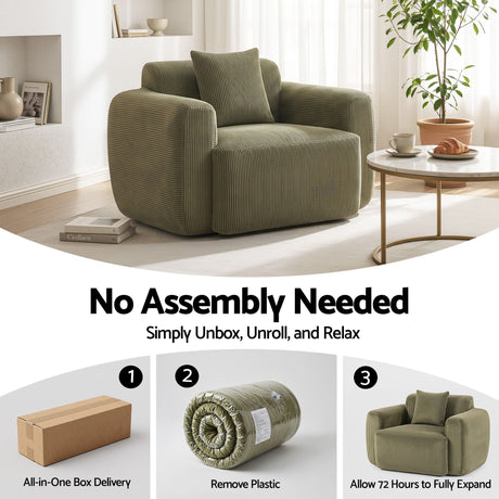 Artiss Compressed Armchair Sofa with Cushion Corduroy No Assembly Green